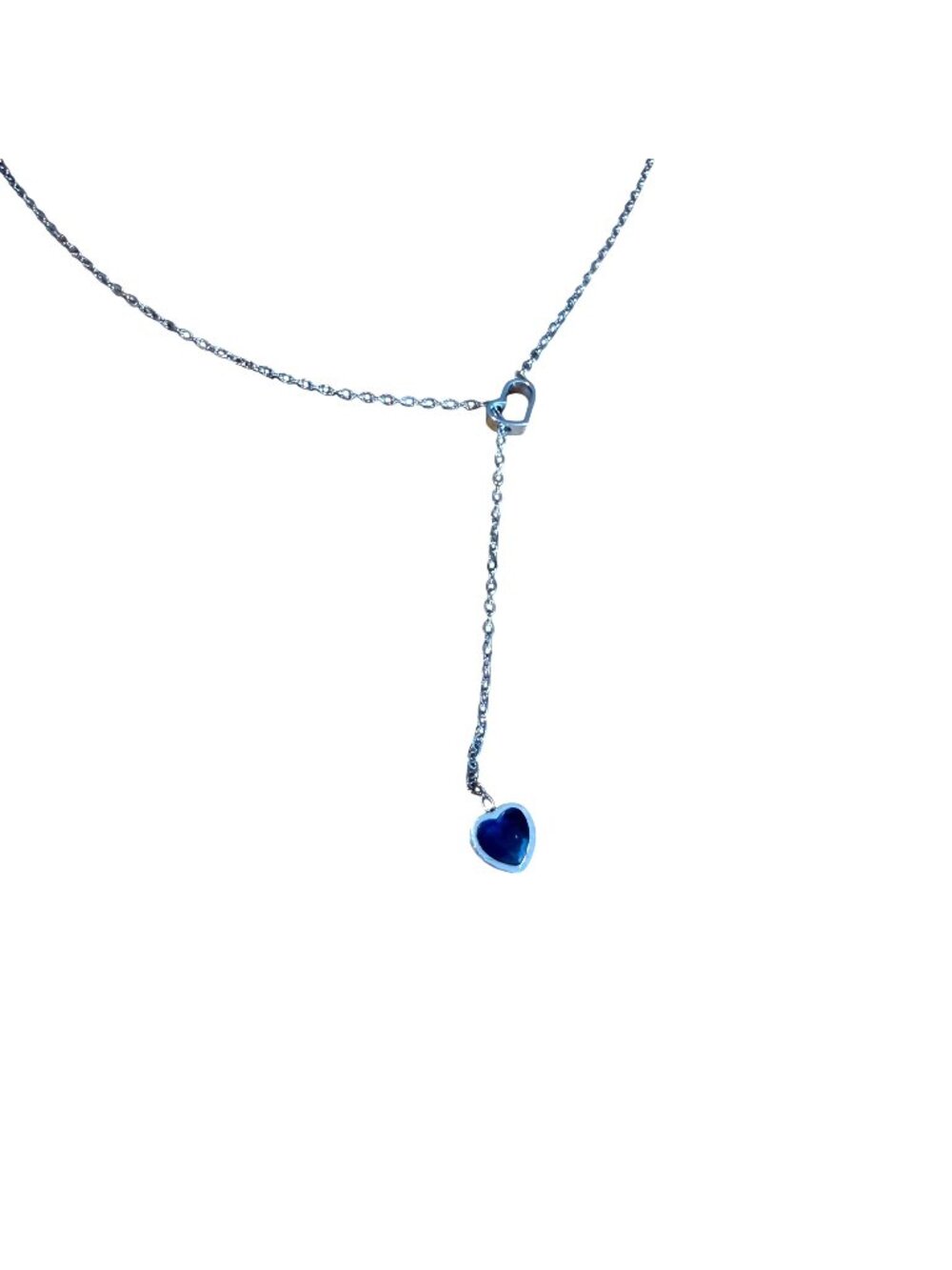 Dual Heart Pendant Necklace Blue Silver Stainless Steel Y Necklace Charm